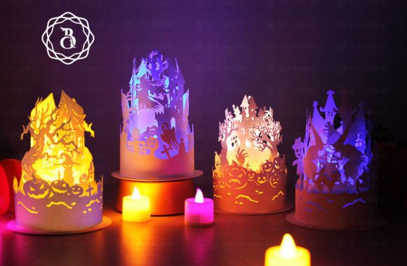 Combo 4 Items Halloween Paper Cut Lamps: 3D SVG Shapes